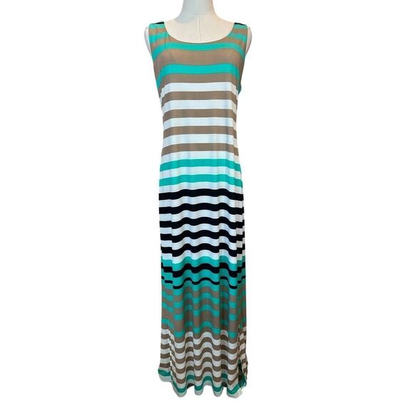 Jessica Howard NEW Size XL Sleeveless Striped Maxi Dress Turquoise, Black, Tan - Picture 1 of 16
